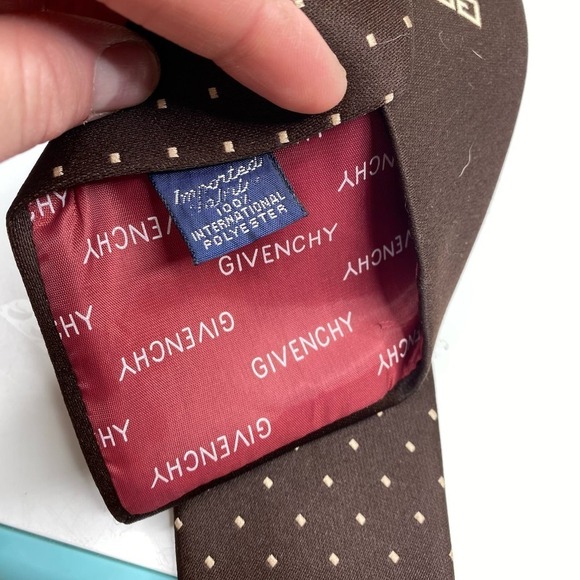 Vintage Givenchy Dark Brown & Tan Dots Large Logo Thick 100% Polyester Neck Tie - Picture 3 of 5